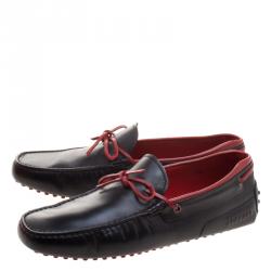 Pre Owned Tod's for Ferrari Black and Red Leather Bow Loafers Size 44