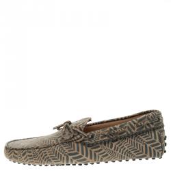 Pre Owned Tod's Beige and Grey Printed Leather Bow Loafers Size 44.5