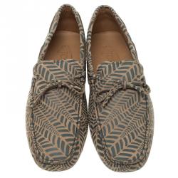 Pre Owned Tod's Beige and Grey Printed Leather Bow Loafers Size 44.5