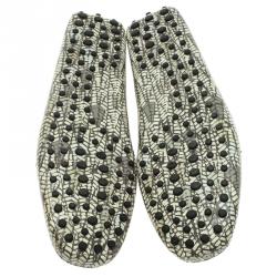 Pre Owned Tod's Green Abstract Print Leather Bow Loafers Size 44