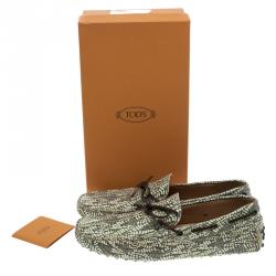 Pre Owned Tod's Green Abstract Print Leather Bow Loafers Size 44