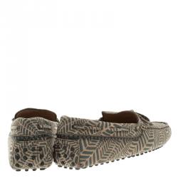 Pre Owned Tod's Beige and Grey Printed Leather Bow Loafers Size 43