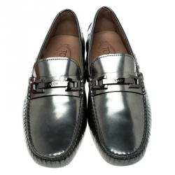 Pre Owned Tod's Metallic Grey Leather Macro Clamp Loafers Size 42.5