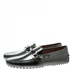 Pre Owned Tod's Metallic Grey Leather Macro Clamp Loafers Size 42.5