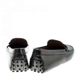 Pre Owned Tod's Metallic Grey Leather Macro Clamp Loafers Size 42.5