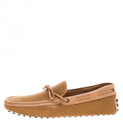 Pre Owned Tod's Beige Diamond Laser Cut Leather Bow Loafers Size 45.5
