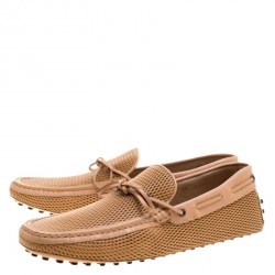 Pre Owned Tod's Beige Diamond Laser Cut Leather Bow Loafers Size 45.5