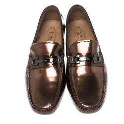 Tod's Metallic Bronze Leather Macro Clamp Loafers Size 42.5