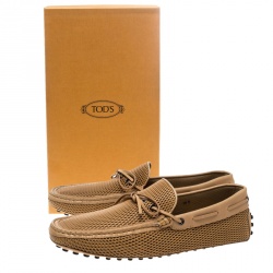 Pre Owned Tod's Beige Diamond Laser Cut Leather Bow Loafers Size 45