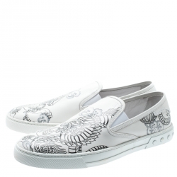 Tod's White Leather Dragon Print Slip On Sneakers Size 44