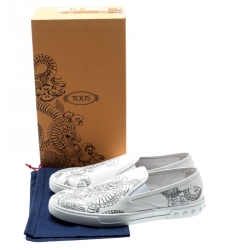Tod's White Leather Dragon Print Slip On Sneakers Size 44