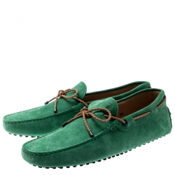 Pre Owned Tod's Green Suede with Contrast Braided Bow Loafers Size 42.5
