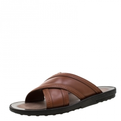 Tod's Brown Leather Crossed Strap Slider Sandals Size 42.5