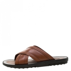 Tod's Brown Leather Crossed Strap Slider Sandals Size 42.5