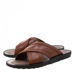 Tod's Brown Leather Crossed Strap Slider Sandals Size 42.5