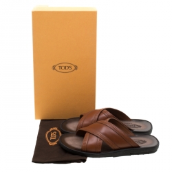 Tod's Brown Leather Crossed Strap Slider Sandals Size 42.5