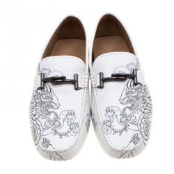 Pre Owned Tod's White Leather Dragon Print Double T Loafers Size 44.5