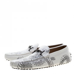 Pre Owned Tod's White Leather Dragon Print Double T Loafers Size 44.5