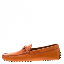 Pre Owned Tod's Orange Leather Horsebit Slip On Loafers Size 44