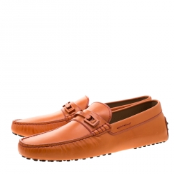 Pre Owned Tod's Orange Leather Horsebit Slip On Loafers Size 44