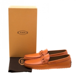 Pre Owned Tod's Orange Leather Horsebit Slip On Loafers Size 44