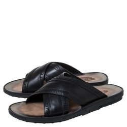 Pre Owned Tod's Black Leather Crossed Strap Slider Sandals Size 41.5