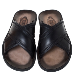 Pre Owned Tod's Black Leather Crossed Strap Slider Sandals Size 41.5