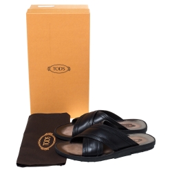 Pre Owned Tod's Black Leather Crossed Strap Slider Sandals Size 41.5