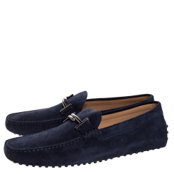 Pre Owned Tod's Blue Suede Leather Double T Slip On Loafers Size 44