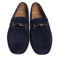 Pre Owned Tod's Blue Suede Leather Double T Slip On Loafers Size 44