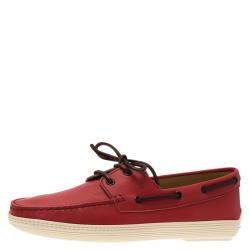 مملوكة مسبقًا Tod's Red Leather Marlin Barca Hyannisport Boat Loafers Size 42.5