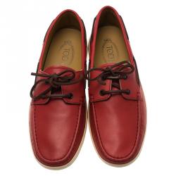مملوكة مسبقًا Tod's Red Leather Marlin Barca Hyannisport Boat Loafers Size 42.5