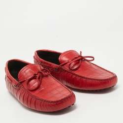 Pre Owned Tod's Red Croc Embossed Leather Bow Slip On Loafers Size 41.5