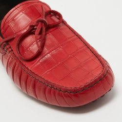 Pre Owned Tod's Red Croc Embossed Leather Bow Slip On Loafers Size 41.5
