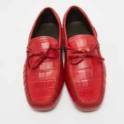 Pre Owned Tod's Red Croc Embossed Leather Bow Slip On Loafers Size 41.5
