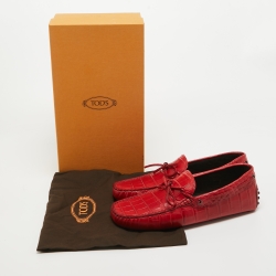 Pre Owned Tod's Red Croc Embossed Leather Bow Slip On Loafers Size 41.5
