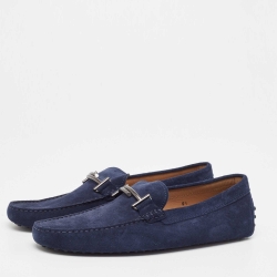 Pre Owned Tod's Navy Blue Suede Double T Buckle Loafers Size 44