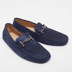 Pre Owned Tod's Navy Blue Suede Double T Buckle Loafers Size 44