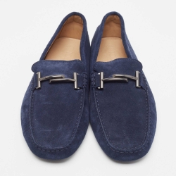 Pre Owned Tod's Navy Blue Suede Double T Buckle Loafers Size 44