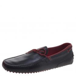 Pre Owned Tod's For Ferrari Black and Red Leather Bow Loafers Size 44.5