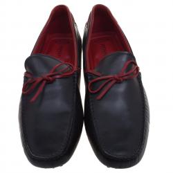 Pre Owned Tod's For Ferrari Black and Red Leather Bow Loafers Size 44.5