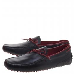 Pre Owned Tod's For Ferrari Black and Red Leather Bow Loafers Size 44.5