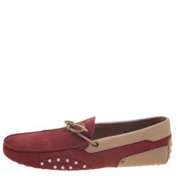 Pre Owned Tod's For Ferrari Red And Beige Leather Bow Loafers Size 42