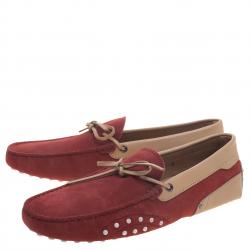 Pre Owned Tod's For Ferrari Red And Beige Leather Bow Loafers Size 42