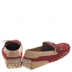Pre Owned Tod's For Ferrari Red And Beige Leather Bow Loafers Size 42