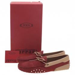 Pre Owned Tod's For Ferrari Red And Beige Leather Bow Loafers Size 42