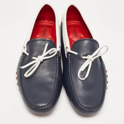 Tod's For Ferrari Navy Blue/White Perforated Leather Bow Loafers Size 42