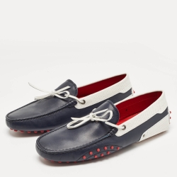 Tod's For Ferrari Navy Blue/White Perforated Leather Bow Loafers Size 42