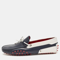 Tod's For Ferrari Navy Blue/White Perforated Leather Bow Loafers Size 42