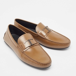 Pre Owned Tod's Brown Leather LT Logo Loafers Size 44